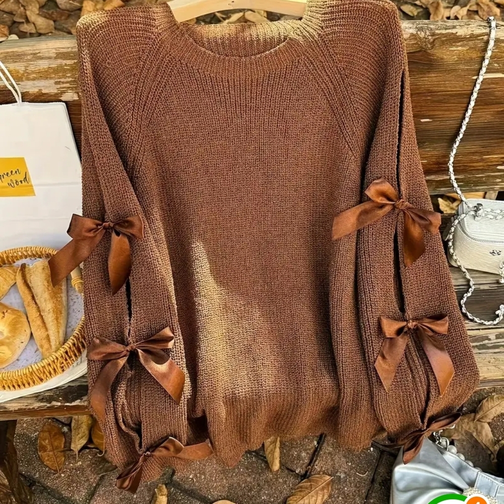 Georgeous Chic Nutmeg Colored Sweater with Satin Tie Ribbon Bows. 1 Left XL